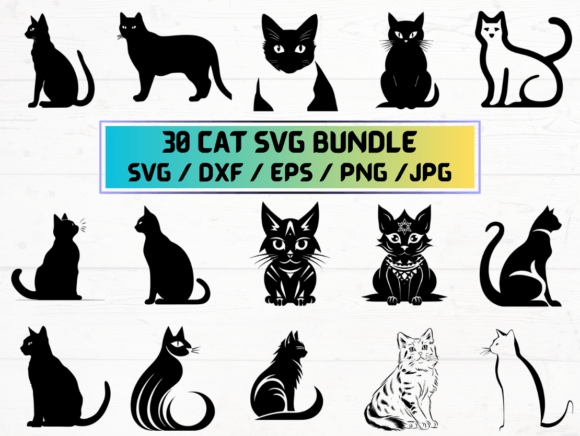 30 Cat SVG DXF, EPS, JPG: Graphics for Crafts & Local Branding