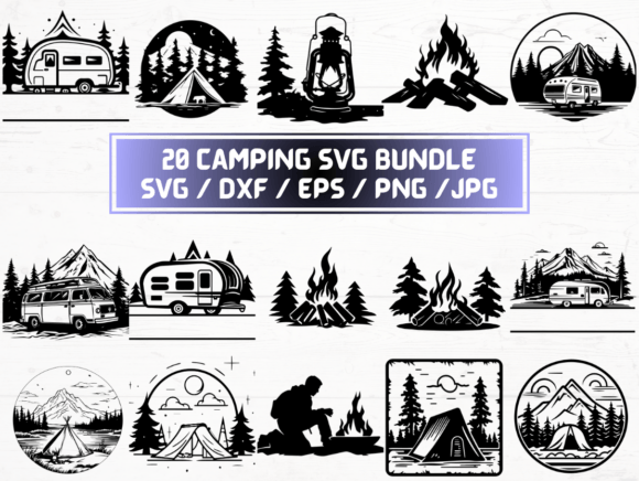 Camping SVG, DXF, EPS, JPG: Graphics for Crafts & Real Client Projects