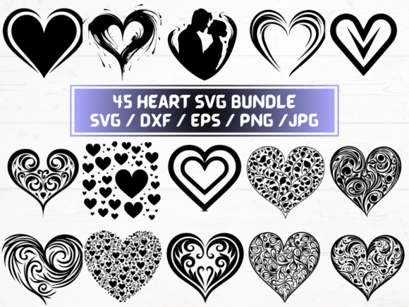 Heart SVGs, DXF, EPS, JPG: Graphics for Crafts & Branding